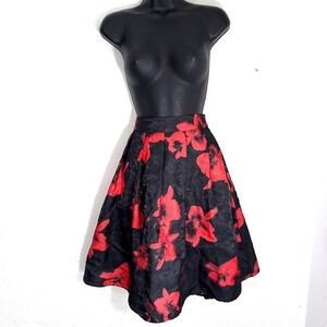 Lulus S Black Red Floral Jacquard Pleated A-Line Midi Skirt Moody Romantic Artsy